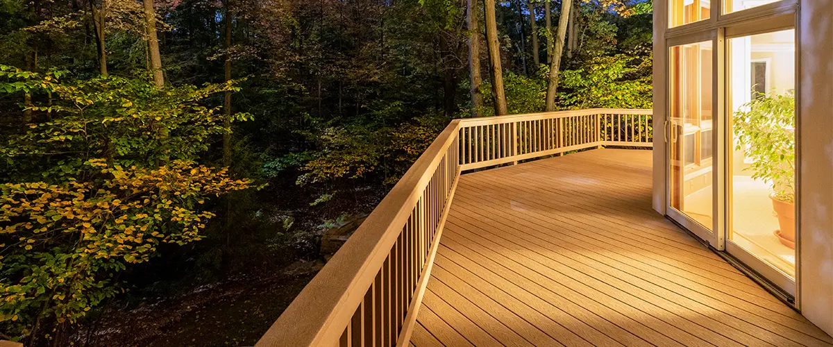 PVC and composite decking materials on a deck at night